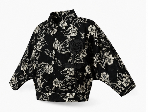 Qeuika Women's Black Floral Printed Crop Jacket with Fabric Rose Brooch Model Name: Qeuika Midnight Blossom Jacket