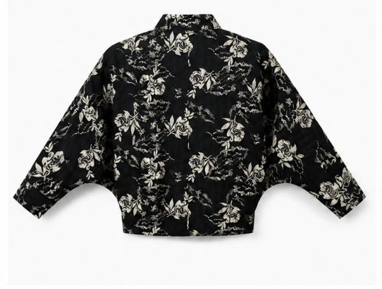 Qeuika Women's Black Floral Printed Crop Jacket with Fabric Rose Brooch Model Name: Qeuika Midnight Blossom Jacket