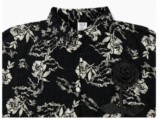 Qeuika Women's Black Floral Printed Crop Jacket with Fabric Rose Brooch Model Name: Qeuika Midnight Blossom Jacket