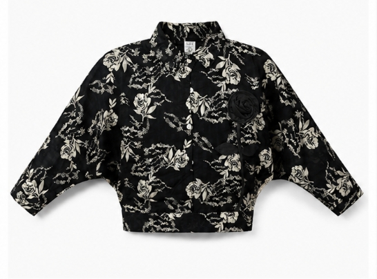 Qeuika Women's Black Floral Printed Crop Jacket with Fabric Rose Brooch Model Name: Qeuika Midnight Blossom Jacket