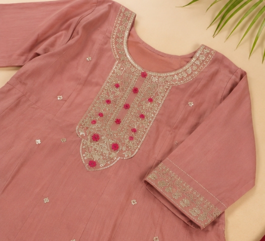 Qeuika Women's Embroidered Anarkali Kurta Set with Dupatta – Dusty Rose & Wine