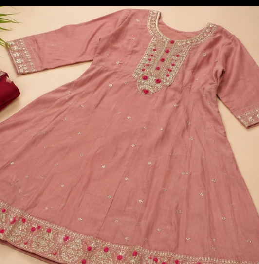 Qeuika Women's Embroidered Anarkali Kurta Set with Dupatta – Dusty Rose & Wine