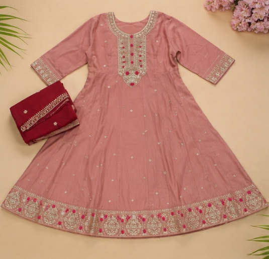 Qeuika Women's Embroidered Anarkali Kurta Set with Dupatta – Dusty Rose & Wine