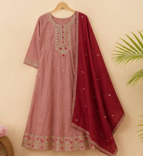 Qeuika Women's Embroidered Anarkali Kurta Set with Dupatta – Dusty Rose & Wine