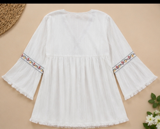 Qeuika Women's Floral Embroidered Wrap Style Cotton Top – White
