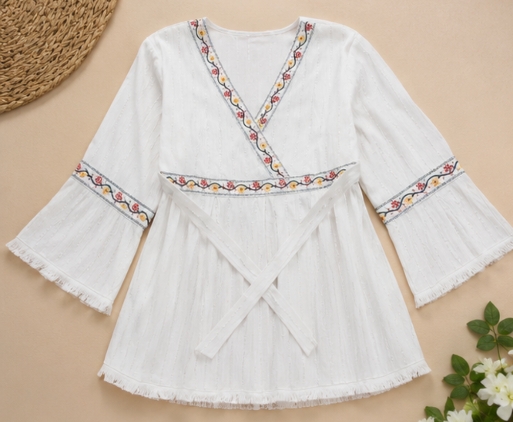Qeuika Women's Floral Embroidered Wrap Style Cotton Top – White