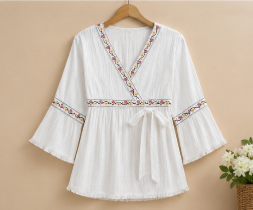 Qeuika Women's Floral Embroidered Wrap Style Cotton Top – White