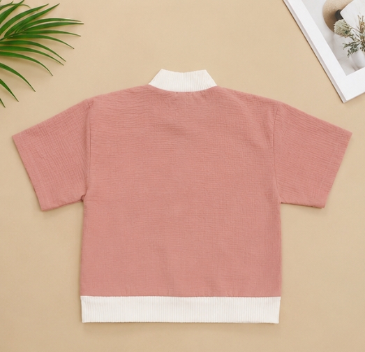 Qeuika Women's Pink Textured Half Sleeve Zip-Up Top