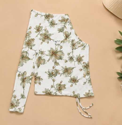 Qeuika Women's White Floral Printed One Shoulder Crop Top