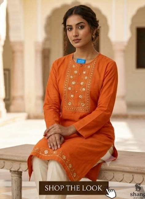 women's embroidered orange straight kurti