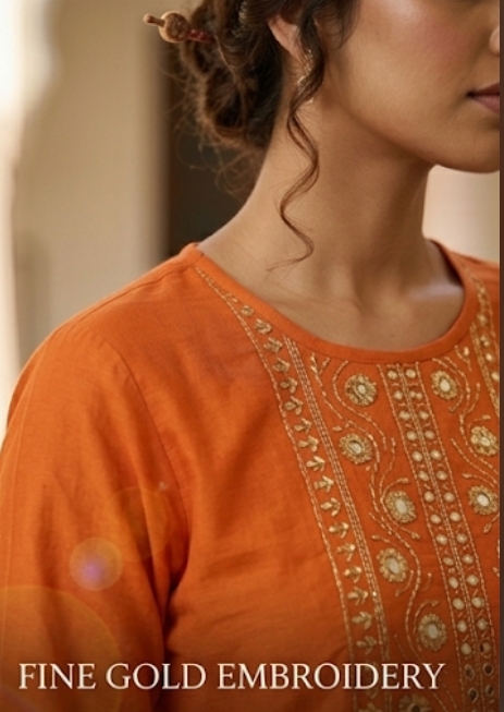 women's embroidered orange straight kurti