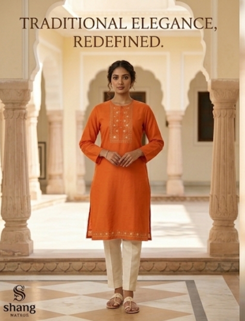 women's embroidered orange straight kurti