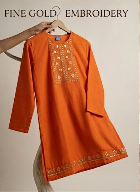 women's embroidered orange straight kurti